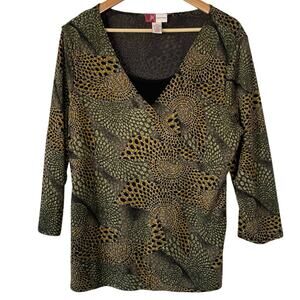 JM Collection Blouse Geometric Print Green Gold Size Large